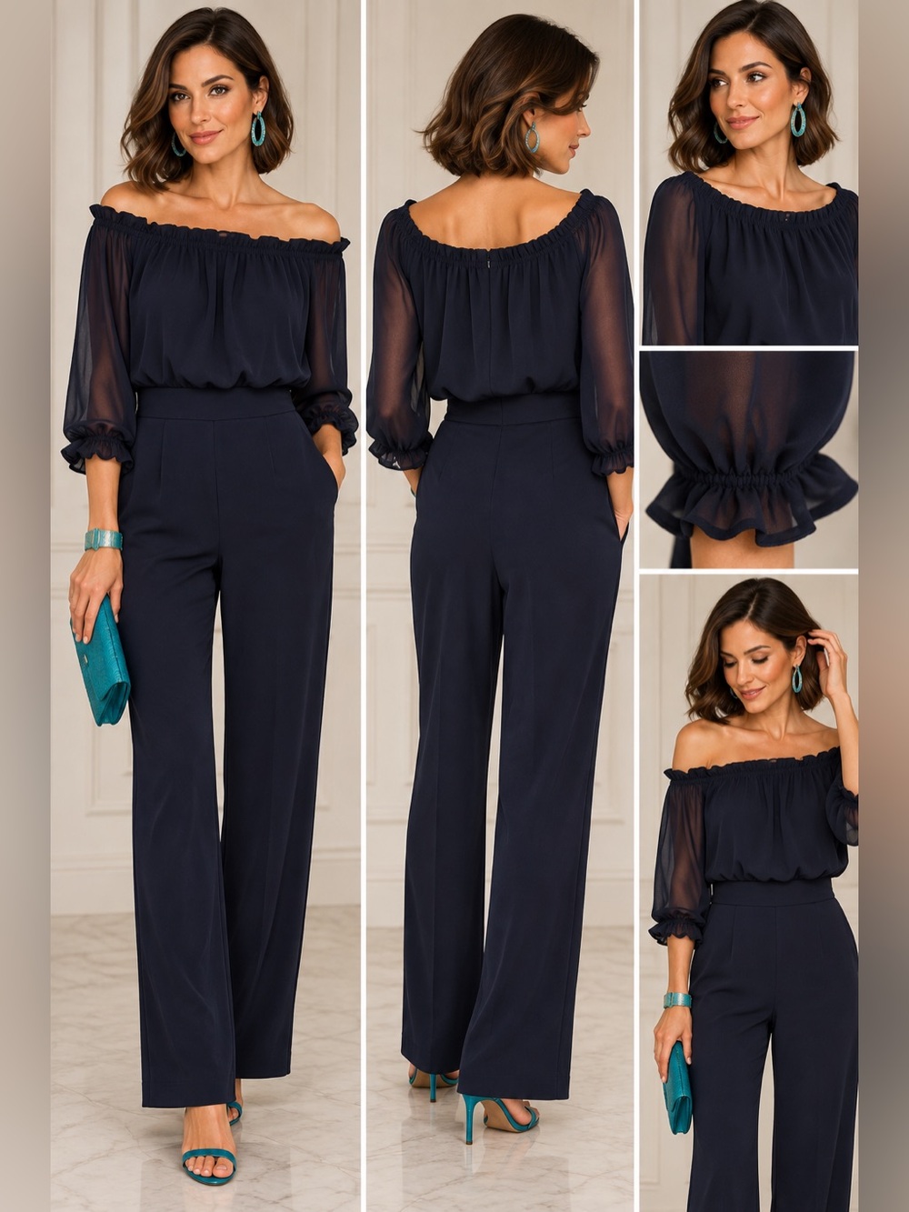 Eliza J Midnight Navy Off Shoulder Chiffon Jumpsuit Size 10